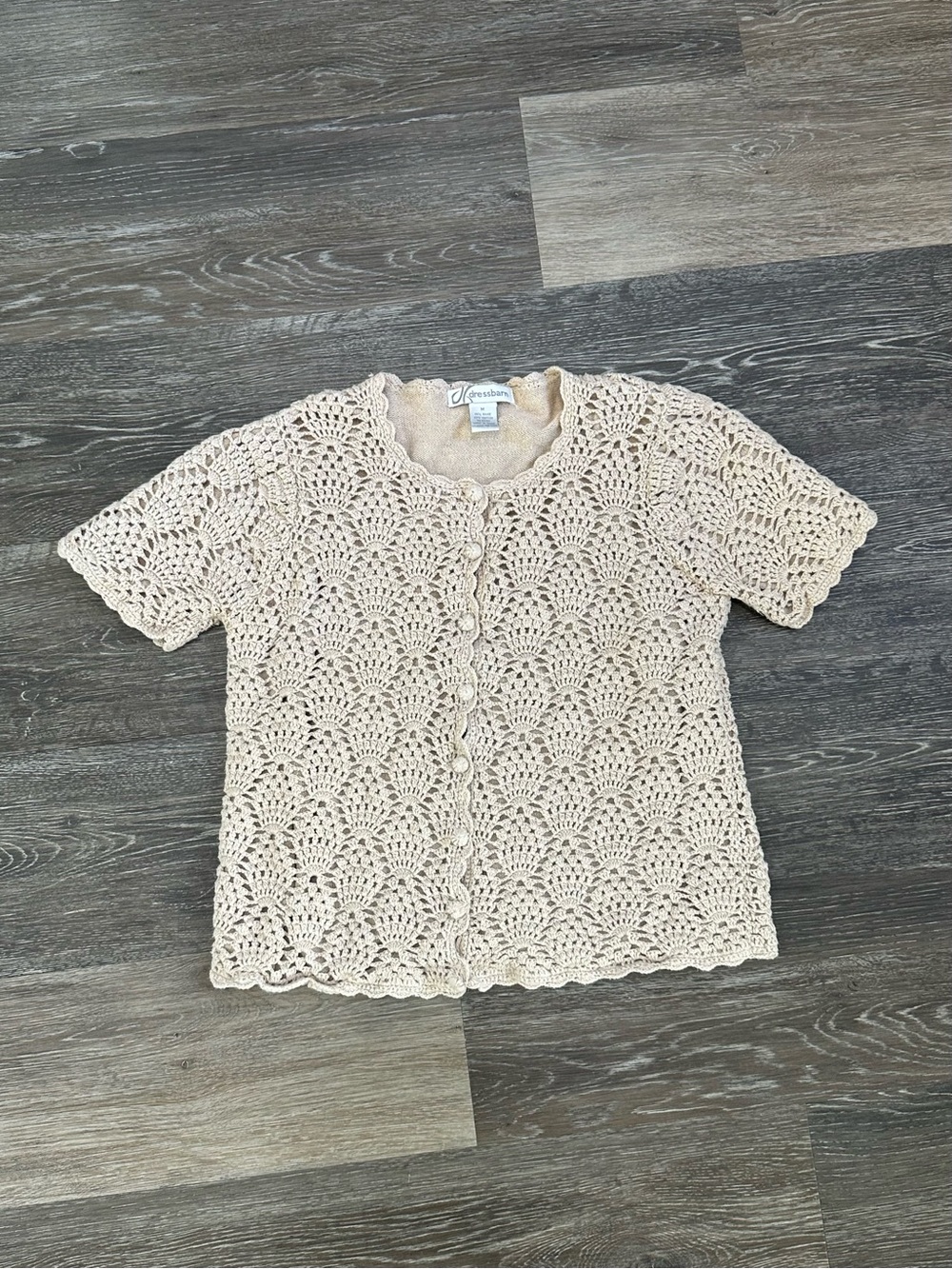 Dressbarn Crochet Knit Short Sleeve Cardigan Sweater M Beige Cottagecore Boho